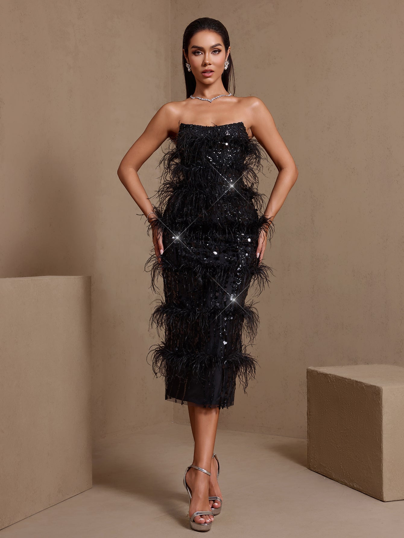 Strapless Feather Sequins Midi Dress