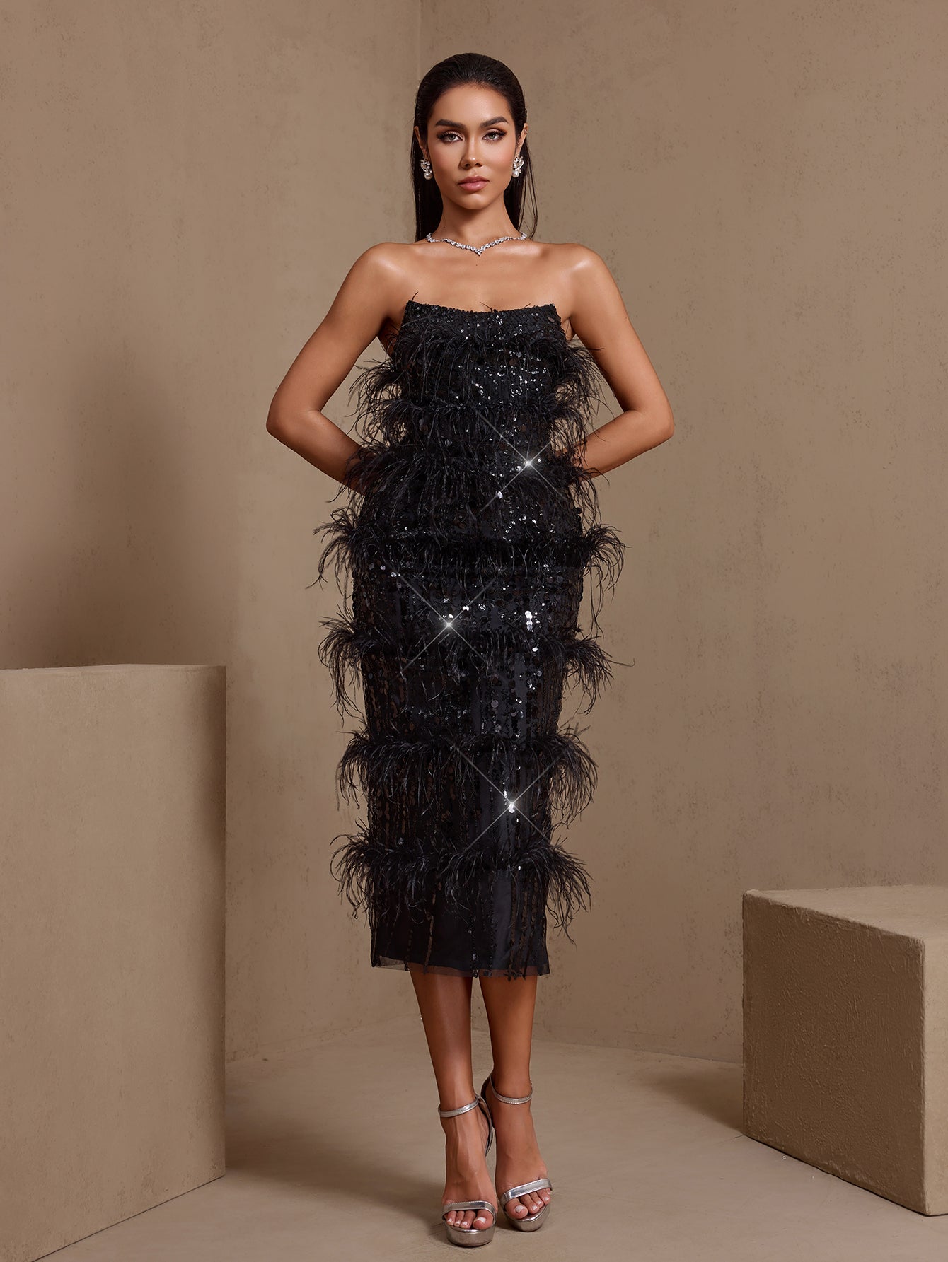 Strapless Feather Sequins Midi Dress